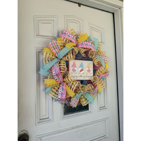 Hanging with My Gnomies Easter Mesh Ribbon Spring Wreath Front Door Hanger, xxx - Picture 6 of 8